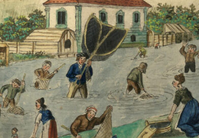 historische Zeichnung: Menschen beim Fischen im Stadtbach