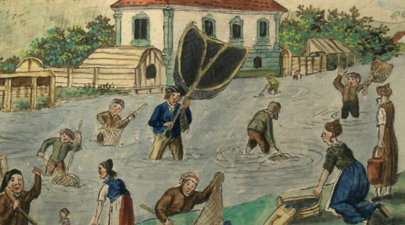 historische Zeichnung: Menschen beim Fischen im Stadtbach