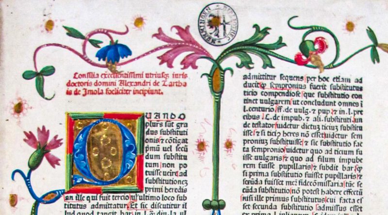 Ein historischer Druck von 1477 mit juristischen Texten mit floralen Mustern verziert
