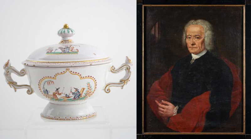 links eine historische Henkelterrine aus der Ausstellung, rechts ein Gemälde von Benedikt von Herman, dem Erbauer des Hermanbaus, in dem sich das Stadtmuseum befindet