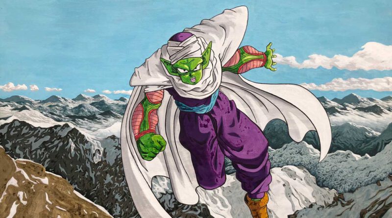 eine grüne Fantasiefigur mit Turban und weißem Umhang fliegt in einer Comic-Pose über ein Gebirge
