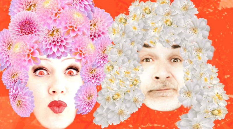 Eine Fotocollage des Komikerduos Raith und Blaimer mit Perücken aus Blumenblüten
