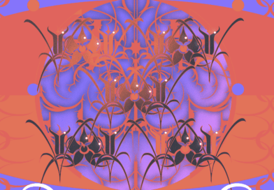 symmetrische Tapetenmuster aus floralen Elementen und Symbolen in pink und lila