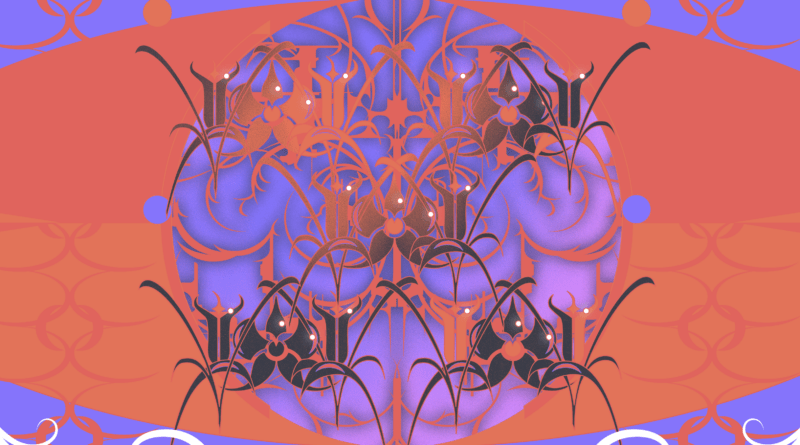 symmetrische Tapetenmuster aus floralen Elementen und Symbolen in pink und lila