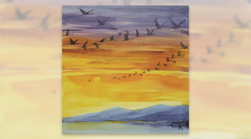 Ein Gemälde von Monica Ostermeier mit einem Vogelschwarm vor einer Küstenszene im Sonnenuntergang