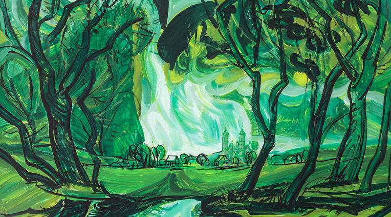 Ein Gemälden in grünen Farben mit einem baumgesäumten Bach