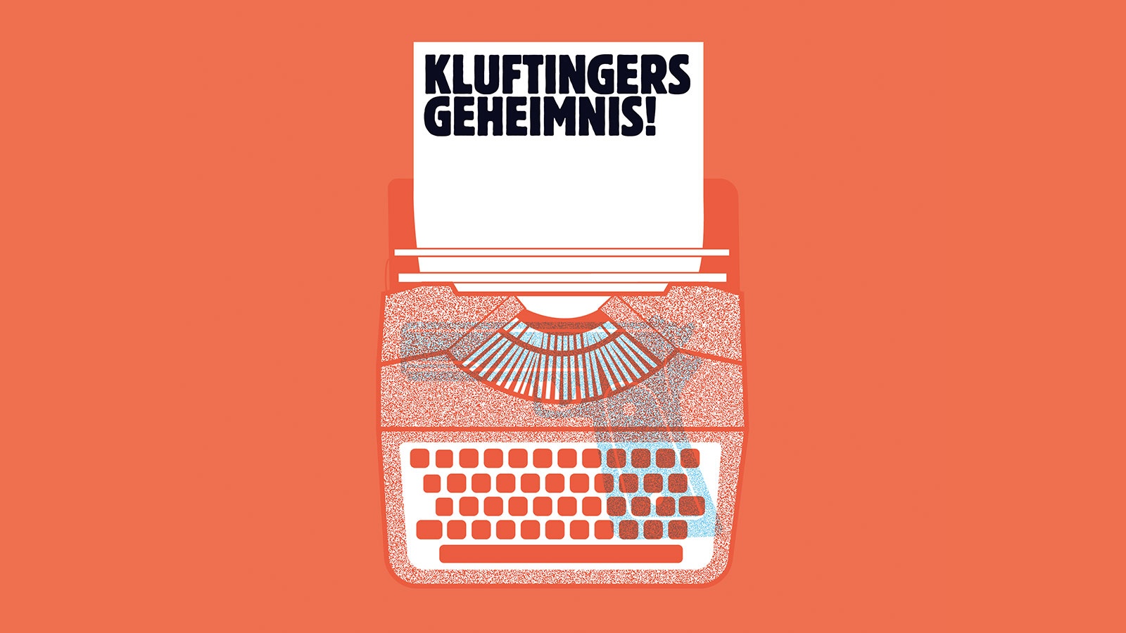 Illustration einer Schreibmaschine aus dem ein beschriftetes Blatt mit dem Titel der Ausstellung Kluftingers Geheimnis herausragt überlagert von der Silhouette einer Schusswaffe