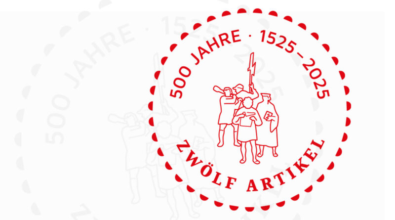 Signet des Jubiläumsjahres 500 Jahre Zwölf Artikel mit einer Strichzeichnung von einer Gruppe Bauern