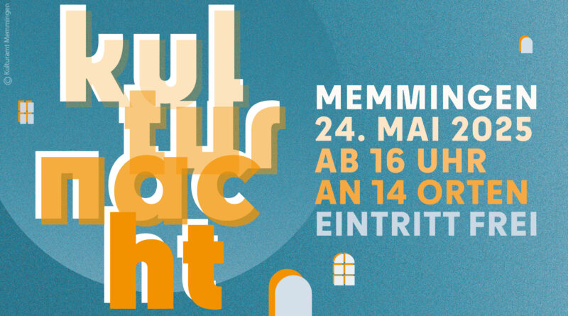 Eine Grafik mit dem orangefarbenen, verschachtelten Schriftzug Kulturnacht vor einem nachtblauen Hintergrund umringt von beleuchteten Fenstern