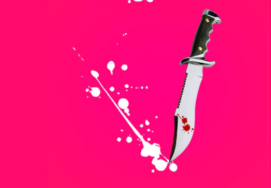 Illustration eines Jagdmessers und weißen Spritzern auf einem pinkfarbenen Hintergrund, die für das neue Stück im Marionettentheater wirbt