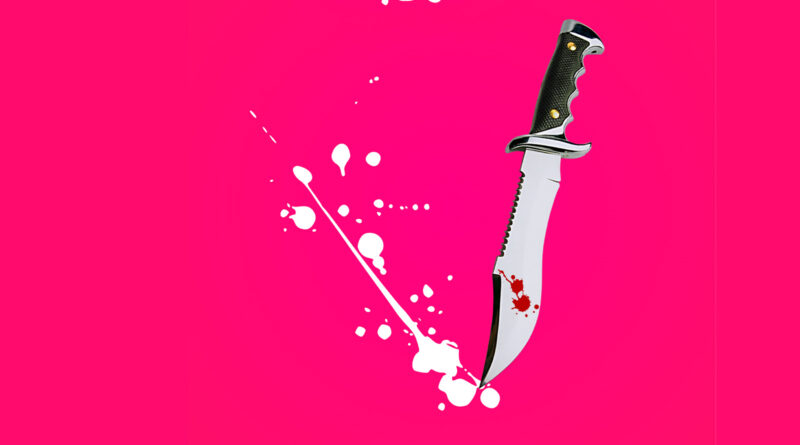 Illustration eines Jagdmessers und weißen Spritzern auf einem pinkfarbenen Hintergrund, die für das neue Stück im Marionettentheater wirbt