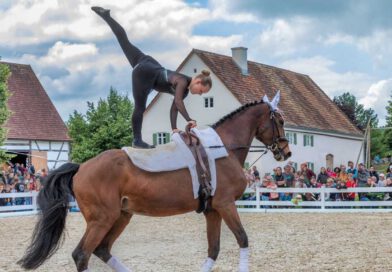 Eine Turnerin macht einen Spagat auf einem reitenden Pferd in einem eingezäunten Bereich. Im Hintergrund stehen Publikum und alte Bauernhäuser