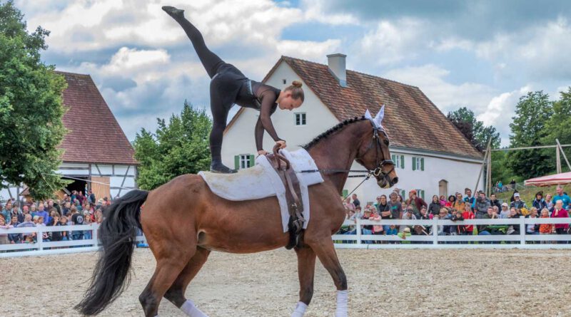 Eine Turnerin macht einen Spagat auf einem reitenden Pferd in einem eingezäunten Bereich. Im Hintergrund stehen Publikum und alte Bauernhäuser