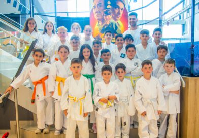 Die Kinder des SV Steinheim stehen in Karate-Anzügen auf einer Treppe im Kinofoyer, im Hintergrund das Filmplakat zu einem Karate-Film