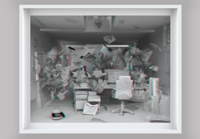 ein computergeneriertes Bild eines chaotischen Büros in einem weißen Rahmen