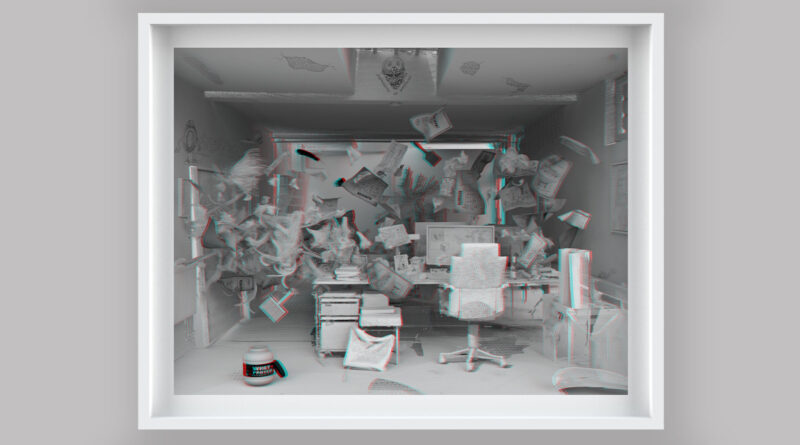 ein computergeneriertes Bild eines chaotischen Büros in einem weißen Rahmen