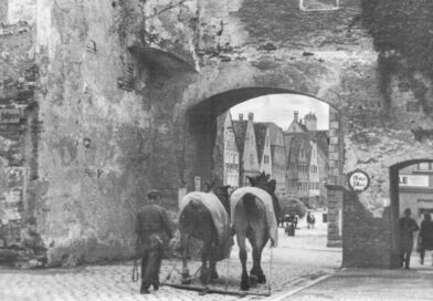Historisches Schwarz-weiß Foto: ein Mann führt zwei Pferde durch ein Stadttor