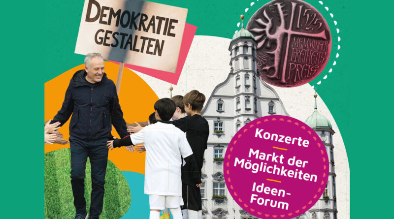 eine bunte Collage mit dem Foto eines Mannes, der Kinder in Fußballkleidung begrüßt und dem Rathaus von Memmingen