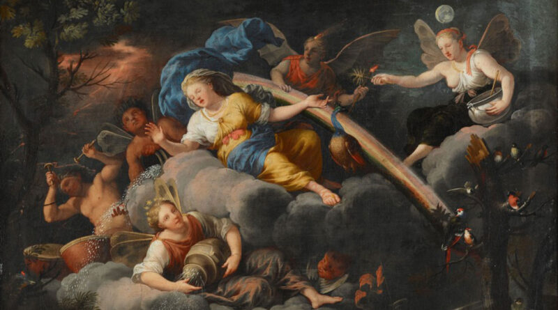 Ausschnitt aus einem barocken Gemälde mit Frauenfiguren und Elfen auf einer Wolke