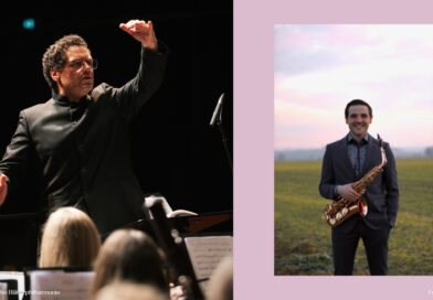 <span style="font-size: 16px;">28. Februar, Ochsenhausen </span><br>Blasorchester Südwind führt durch die Straßen von New York Bildmontage: Dirigent Paul Jacot beim Dirigieren vor einem Orchester und Saxofonist Timm Cebulla mit seinem Instrument auf einem Feld