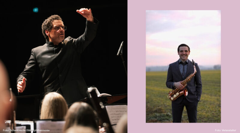 Bildmontage: Dirigent Paul Jacot beim Dirigieren vor einem Orchester und Saxofonist Timm Cebulla mit seinem Instrument auf einem Feld