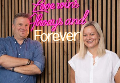 Silke und Michi Kobr posieren vor einer Holzwand