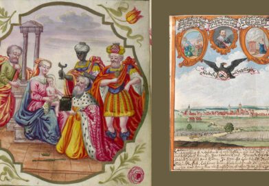 Historische Buchillustrationen mit höfischen Personengruppen und einer Memminger Stadtansicht