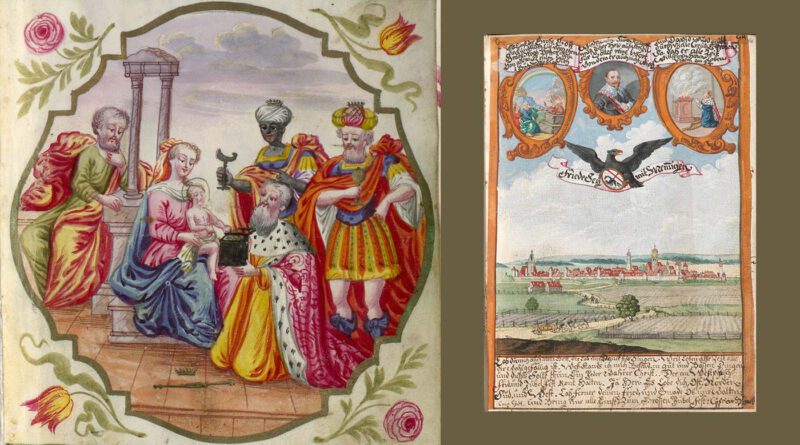 Historische Buchillustrationen mit höfischen Personengruppen und einer Memminger Stadtansicht