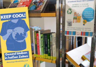 Stadtbibliothek Memmingen: Aktionen rund ums Klima Das Plakat der Memmmiger Klimainitiative vor einem Bücherregal