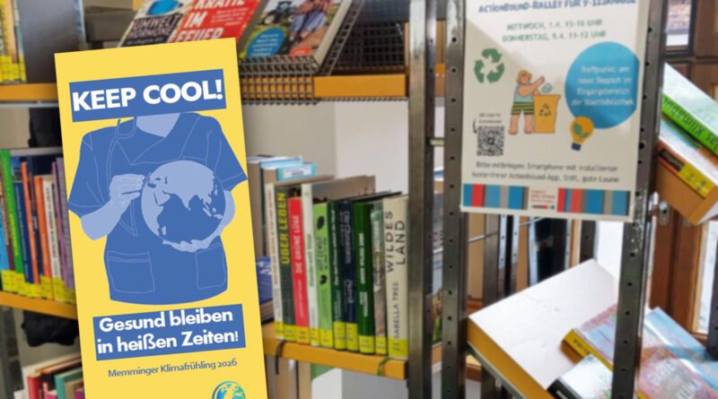 Stadtbibliothek Memmingen: Aktionen rund ums Klima Das Plakat der Memmmiger Klimainitiative vor einem Bücherregal