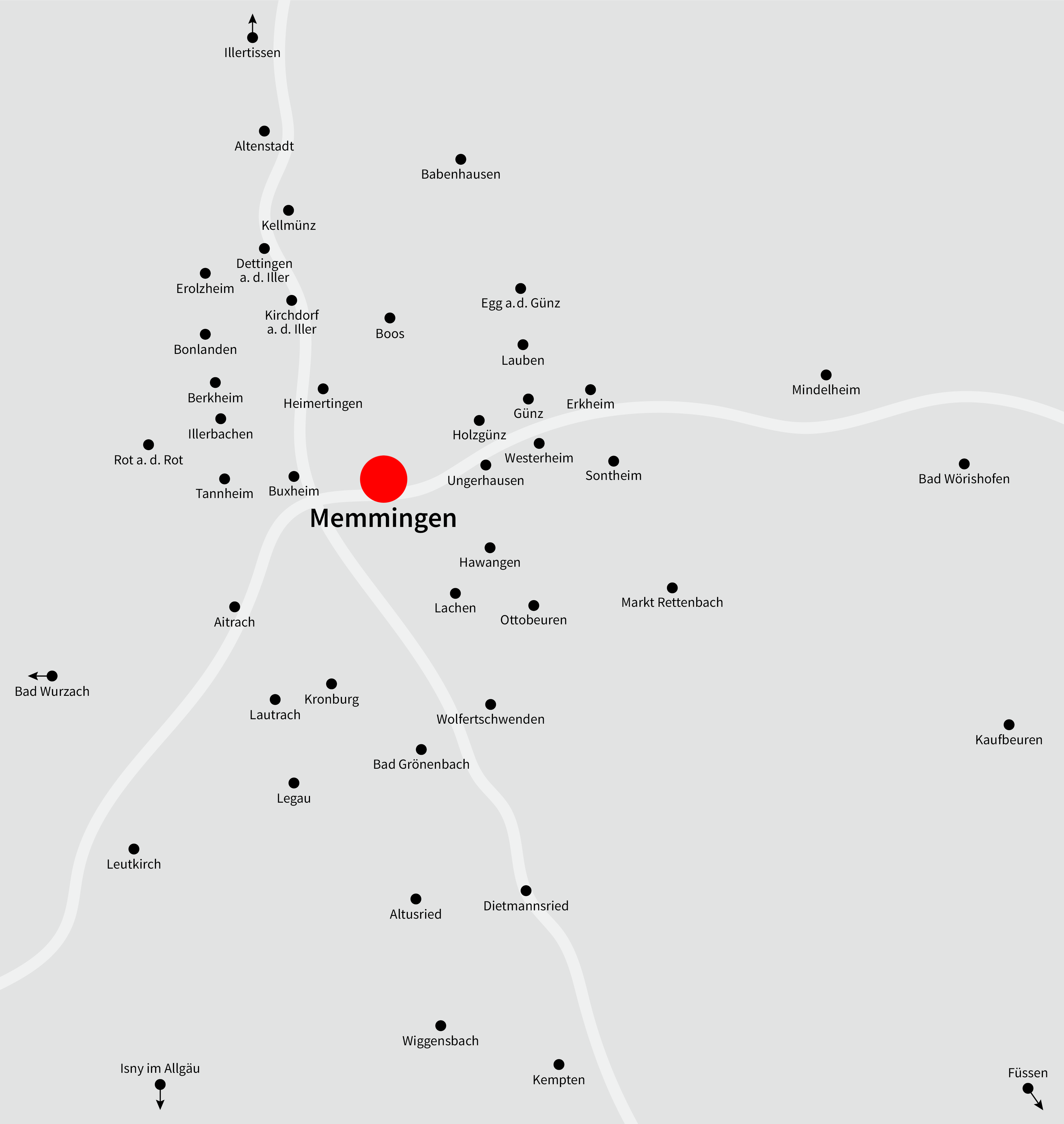 Eine Karte mit der geografischen Lage von Orten, an denen der Memminger Monat verteilt wird.