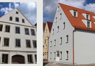 zwei Fotos mit frisch renovierten Fassaden alter Häuser