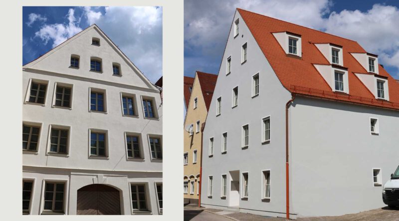 zwei Fotos mit frisch renovierten Fassaden alter Häuser