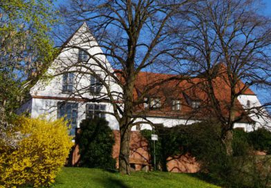 Die Fassade des Antonierhaus von einem Park aus fotografiert
