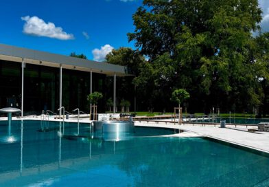 Der Außenbereich eines Schwimmbads mit einem Pool, im Hintergrund ein großer Baum und blauer Himmel